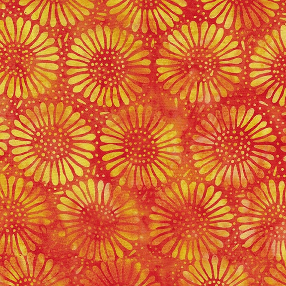 Daisy May Stack, Island Batik, 10" Precut Fabric Squares, Green Blue Orange Yellow Pink Batik Floral Fabric Squares