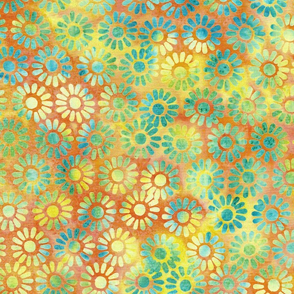 Daisy May Stack, Island Batik, 10" Precut Fabric Squares, Green Blue Orange Yellow Pink Batik Floral Fabric Squares