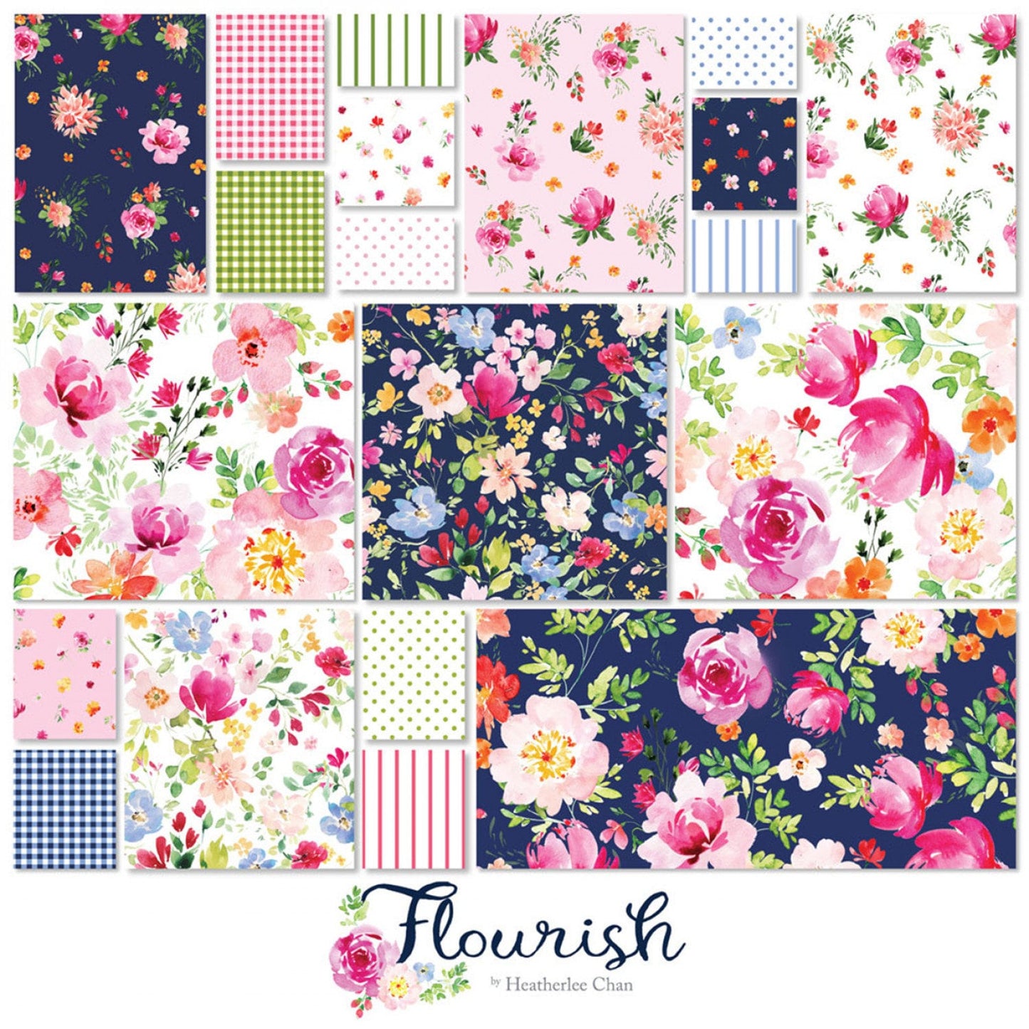 Flourish 2.5" Strips, Clothworks ST0462, 2.5" Precut Pink Blue Green Watercolor Floral Digitally Printed Fabric Strips