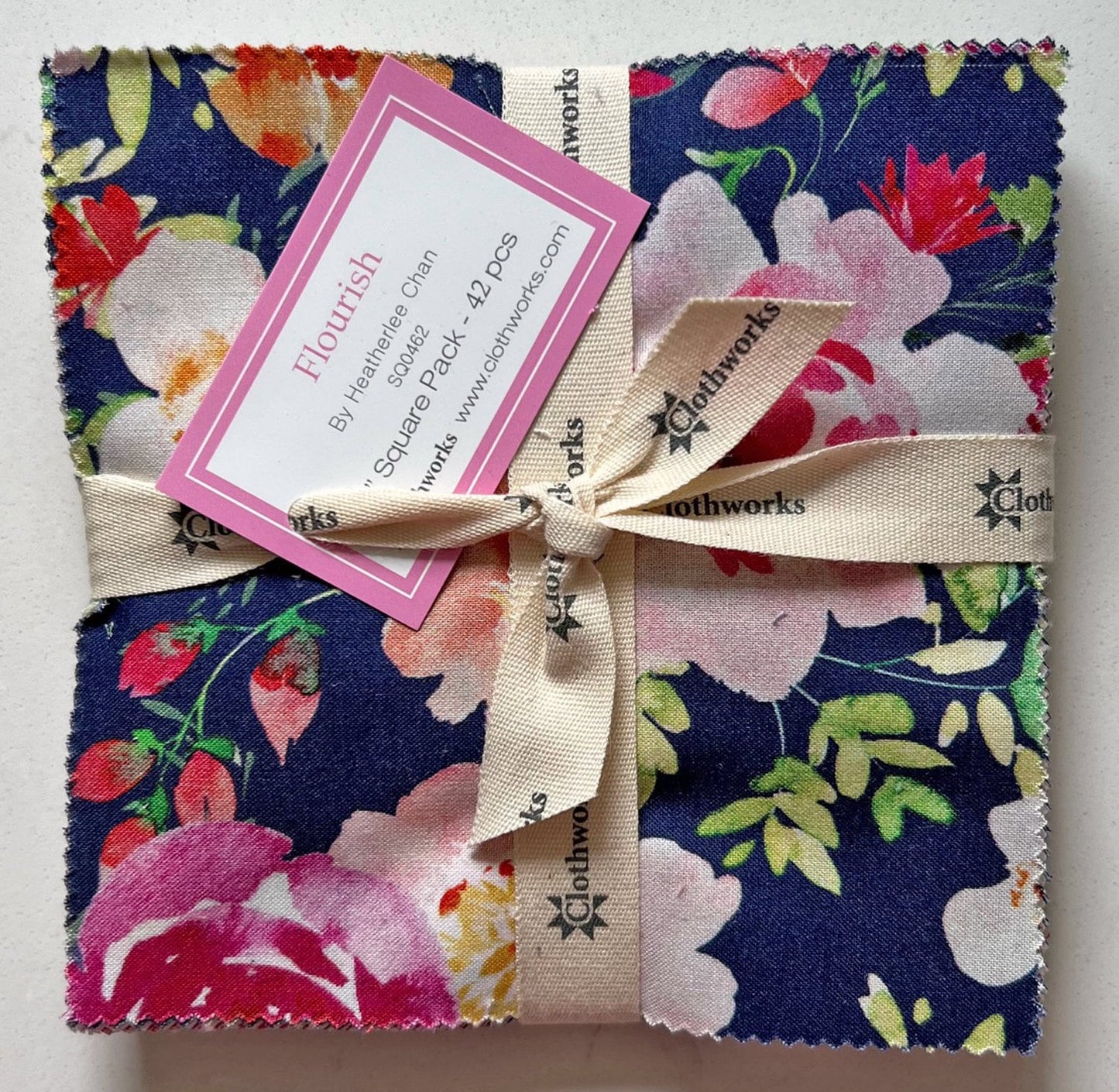 Flourish 5" Squares, Clothworks SQ0462, Pink Blue Green Floral Charm Pack, 5" Inch Precut Fabric Squares, Heatherlee Chan