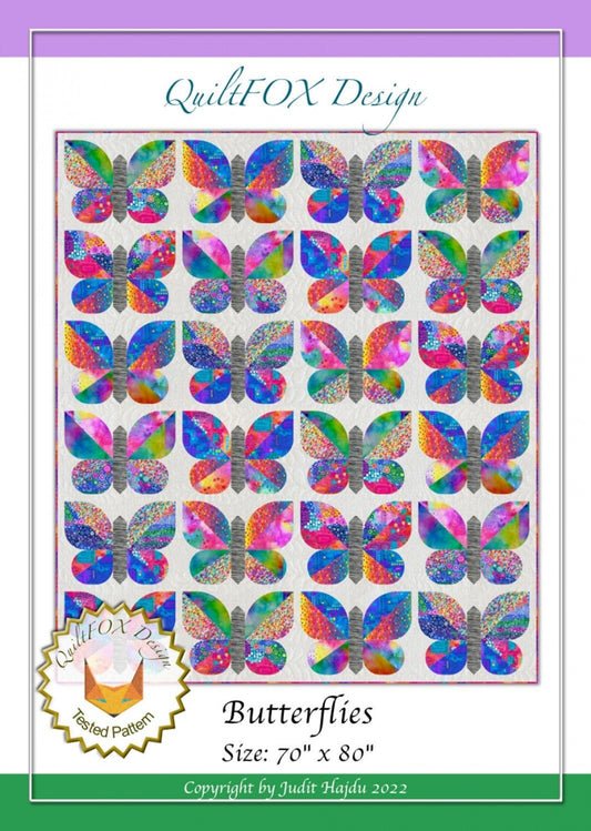 Butterflies Quilt Pattern, QuiltFOX QFOX266, Yardage Friendly Butterfly Throw Quilt Pattern, Curved Piecing, Judit Hajdu