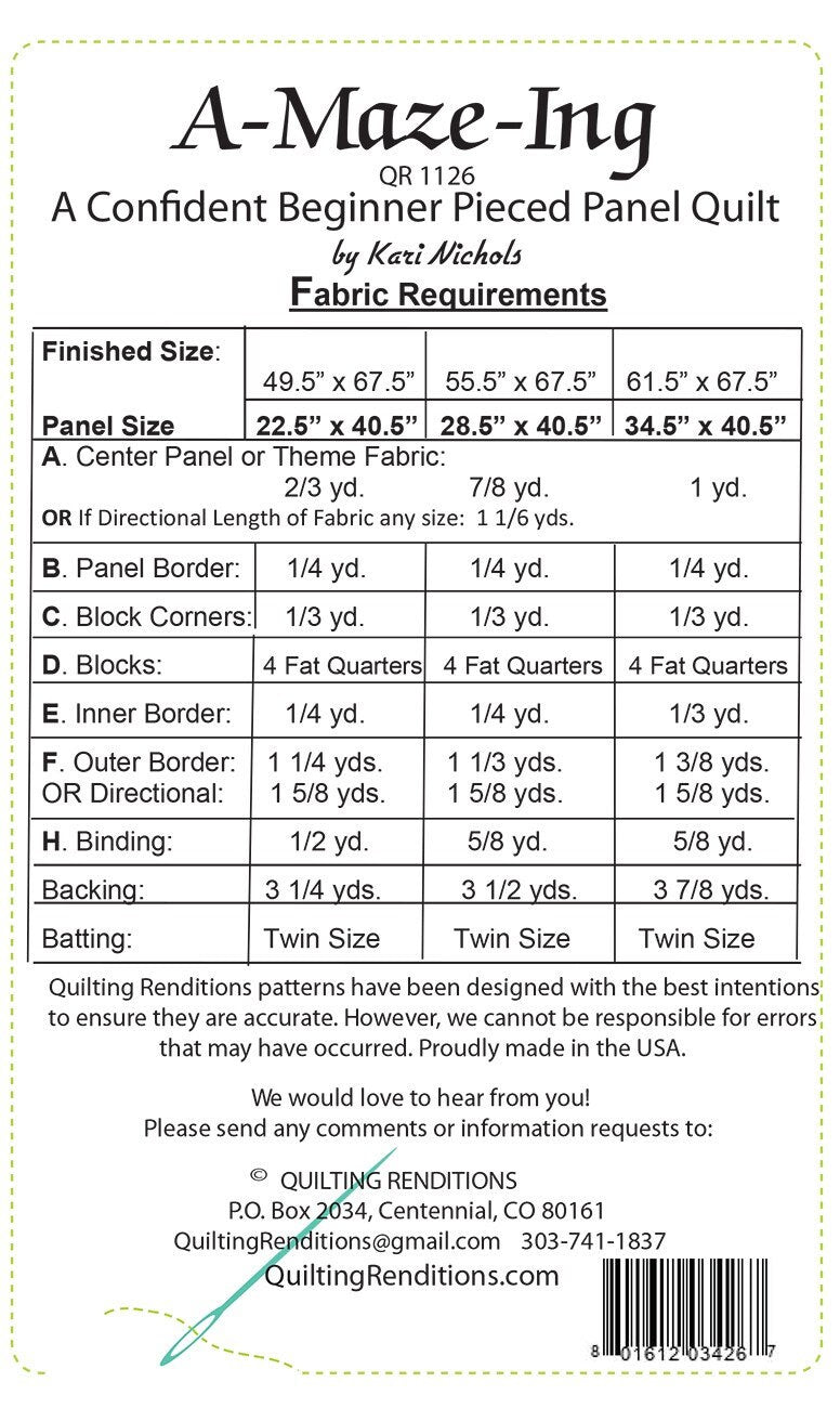 A-Maze-Ing Quilt Pattern, Quilting Renditions QR1126, Fabric Panel Friendly Confident Beginner Throw Quilt Pattern, Kari Nichols