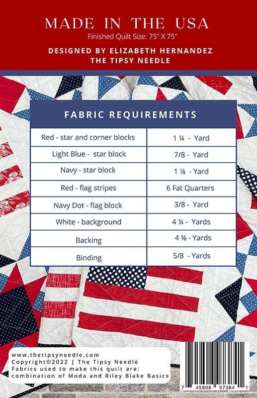 Made in the USA Quilt Pattern, The Tipsy Needle TTN112, Yardage Friendly Stars and Stripes American Flag Square Throw Quilt Pattern