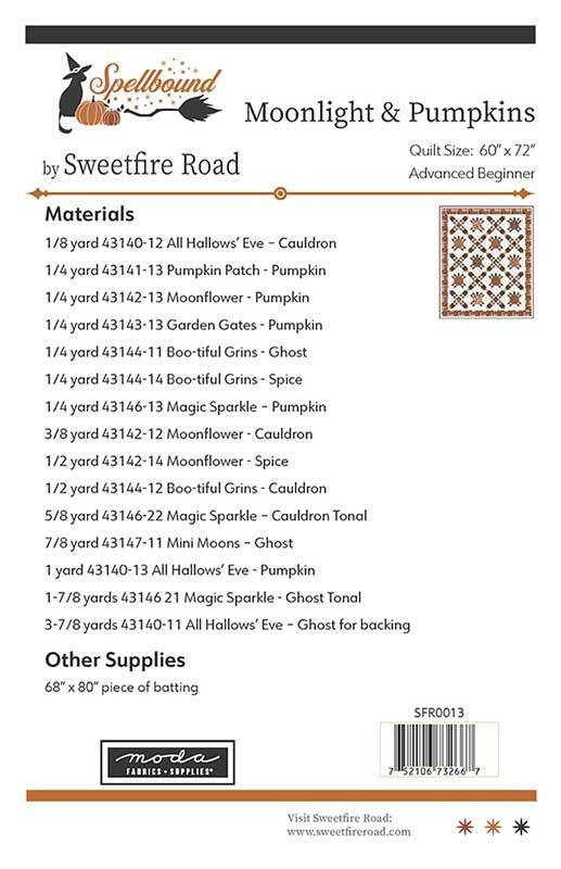 Moonlight and Pumpkins Quilt Pattern, Sweetfire Road SFR0013, Yardage Friendly Autumn Fall Halloween Pumpkins Throw Quilt Pattern, Crabtree