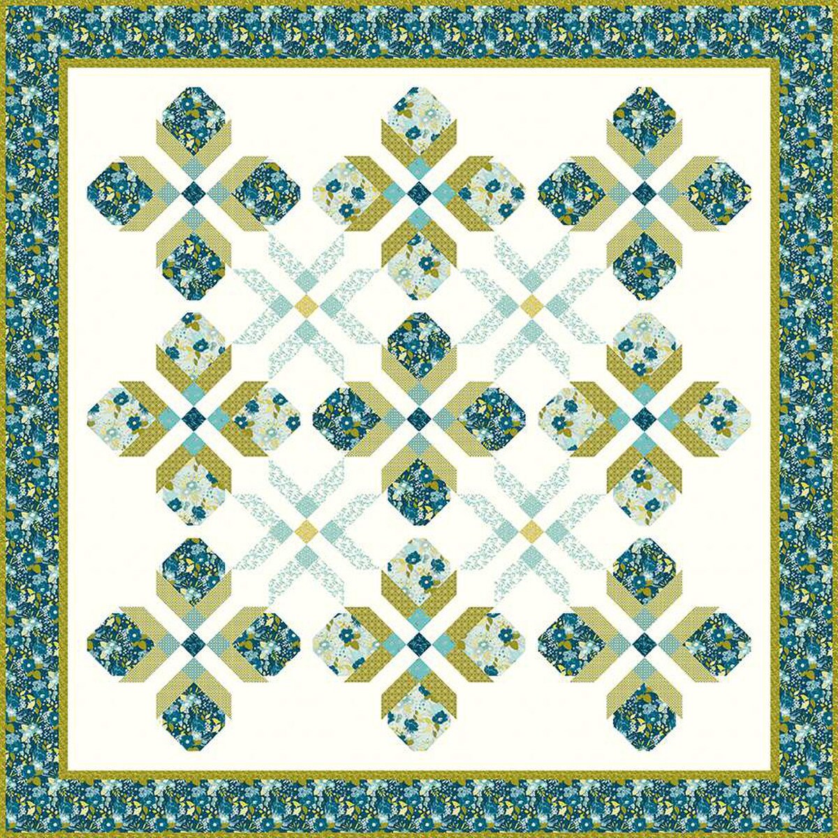 Budding Stars Quilt Pattern, Pieces From My Heart PH809, Yardage Friendly Flowers Stars Queen Square Bed Quilt Pattern, Sandy Gervais