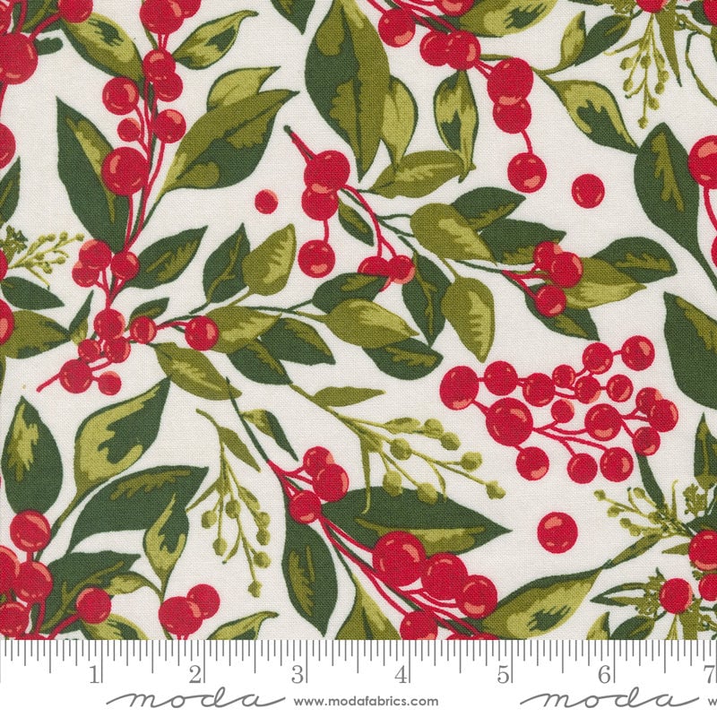 Pine Valley - Christmas Holly Berries Fabric, Moda 30740 11 Snow, Christmas Xmas Cotton Quilt Fabric, BasicGrey Fabric, By the Yard