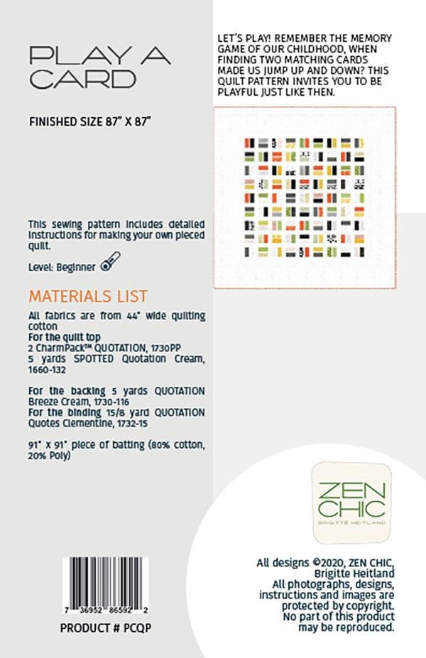 Play a Card Quilt Pattern, Zen Chic ZCPCQP, Charm Pack Friendly Modern Contemporary Square Throw Bed Quilt Pattern