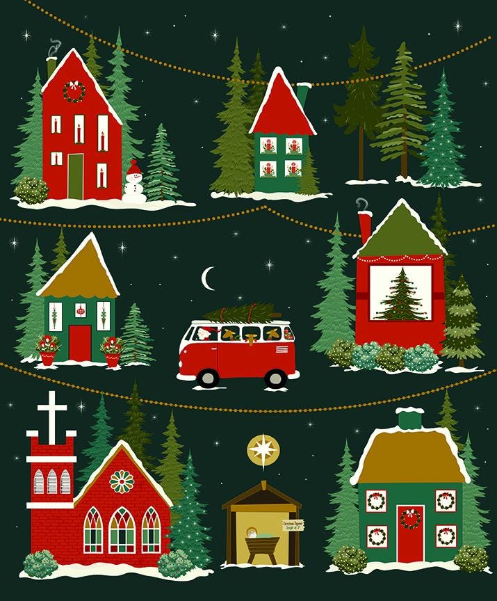 Christmas is in Town 36" Fabric Panel, Riley Blake P14750-PANEL, Christmas Xmas Santa in VW Bus Fabric Panel, Sandy Gervais