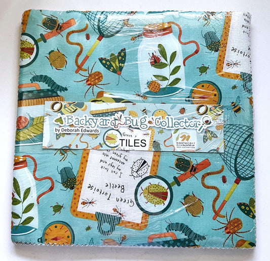 Backyard Bug Collector Tiles, Northcott TBACKY42-10, 10" Precut Juvenile Novelty Bugs Cotton Quilt Fabric Squares, Deborah Edwards