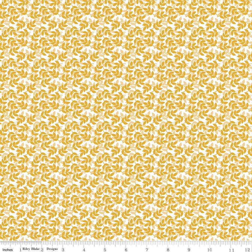 With a Flourish - Mustard Yellow White Leafy Sprigs Fabric, Riley Blake C12734 Mustard, Simple Simon