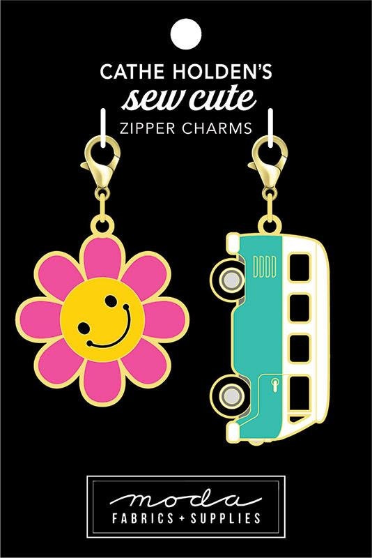 Sew Cute - Flower VW Bus Zipper Charms Pulls, Cathe Holden CH124, Sewing Quilting Notions, Gold Metal and Enamel Zipper Pulls Charms
