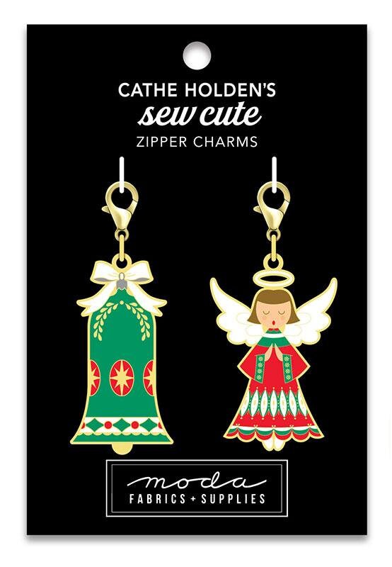 Sew Cute - Bell Angel Christmas Zipper Charms Pulls, Cathe Holden CH131, Sewing Quilting Notions, Gold Metal and Enamel Zipper Pull Charm
