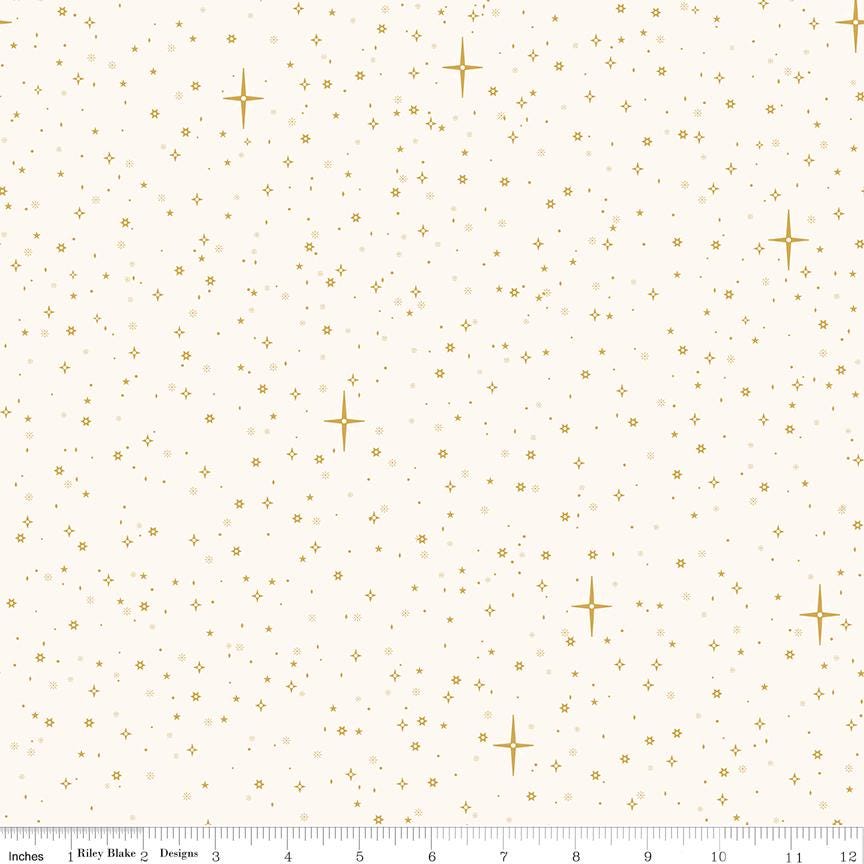 Christmas Wishes - Starry Sky Cream Gold Metallic Fabric, Riley Blake C15046-Cream, Christmas Blender Gold Stars in Sky Fabric, By the Yard