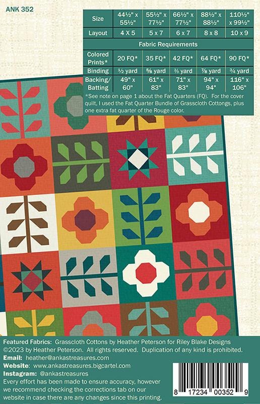Mod Blossoms Quilt Pattern, Anka's Treasures ANK352, Fat Quarter FQ Friendly Flower Quilt Pattern