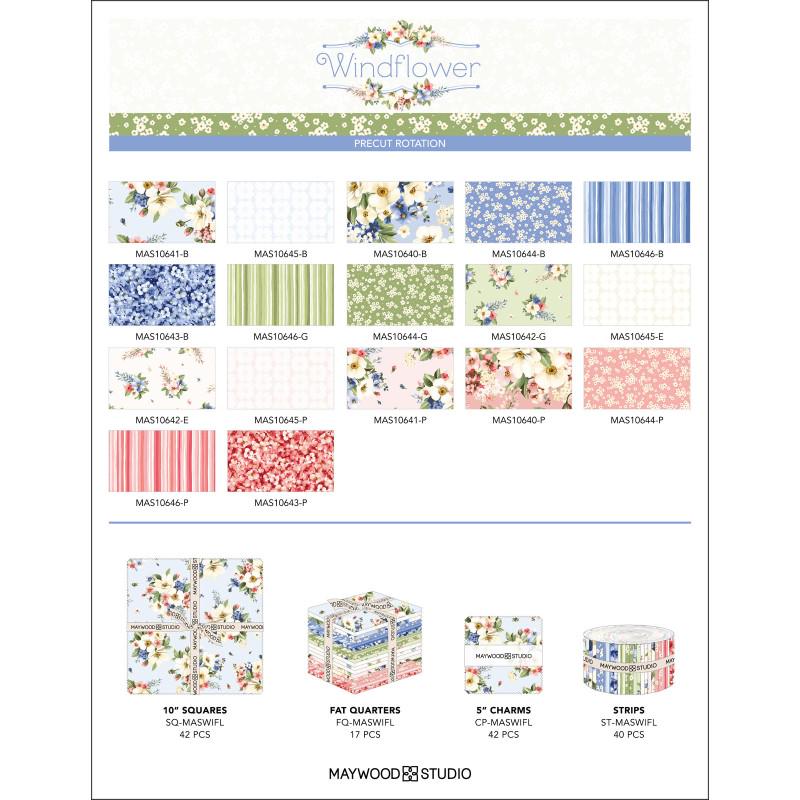 Windflower 5" Charm Pack, Maywood Studio CP-MASWIFL, 5" Precut Pink Blue Green Floral Charm Pack Fabric Squares