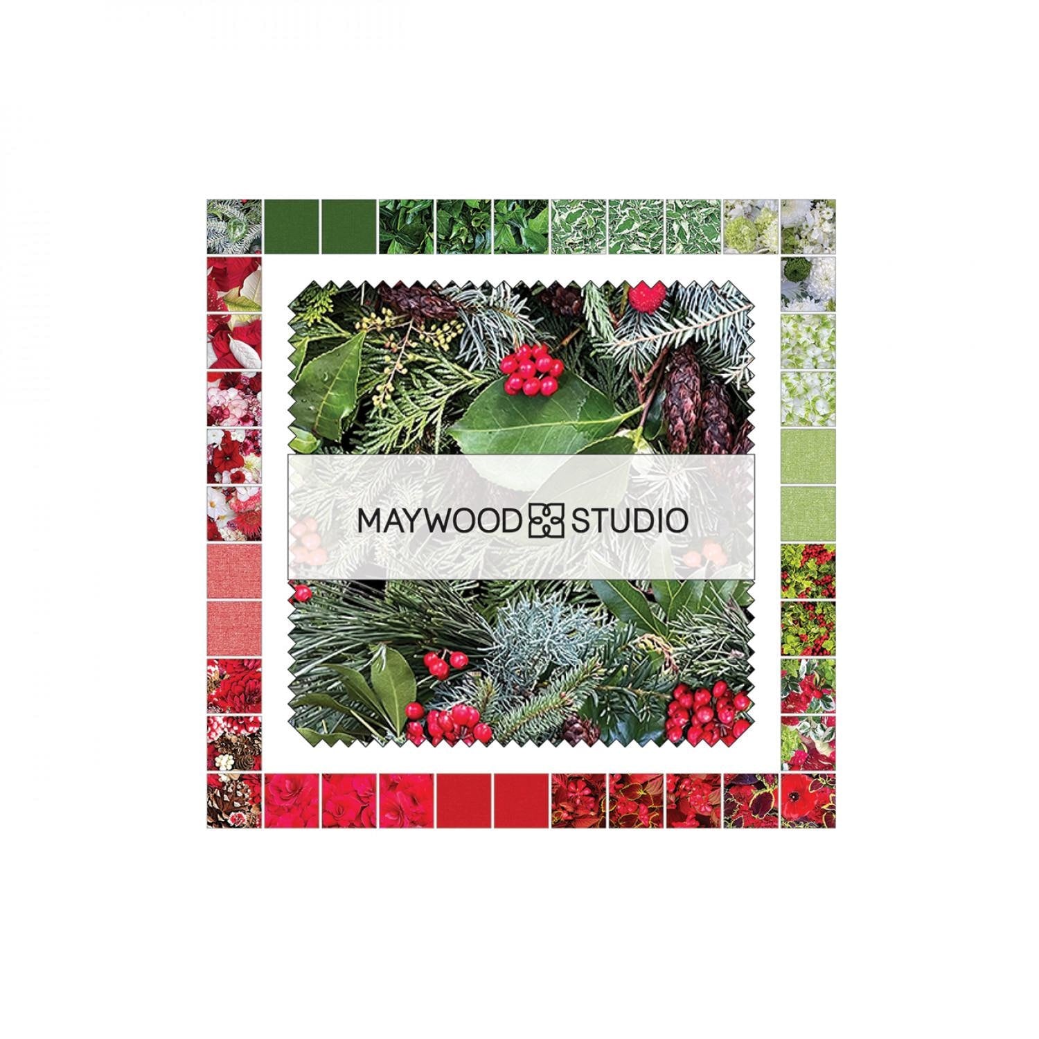 Hand Picked Christmas 5" Charm Pack, Maywood Studio CP-MASHPCH, 5" Precut Realistic Holly Xmas Floral Charm Pack Fabric Squares