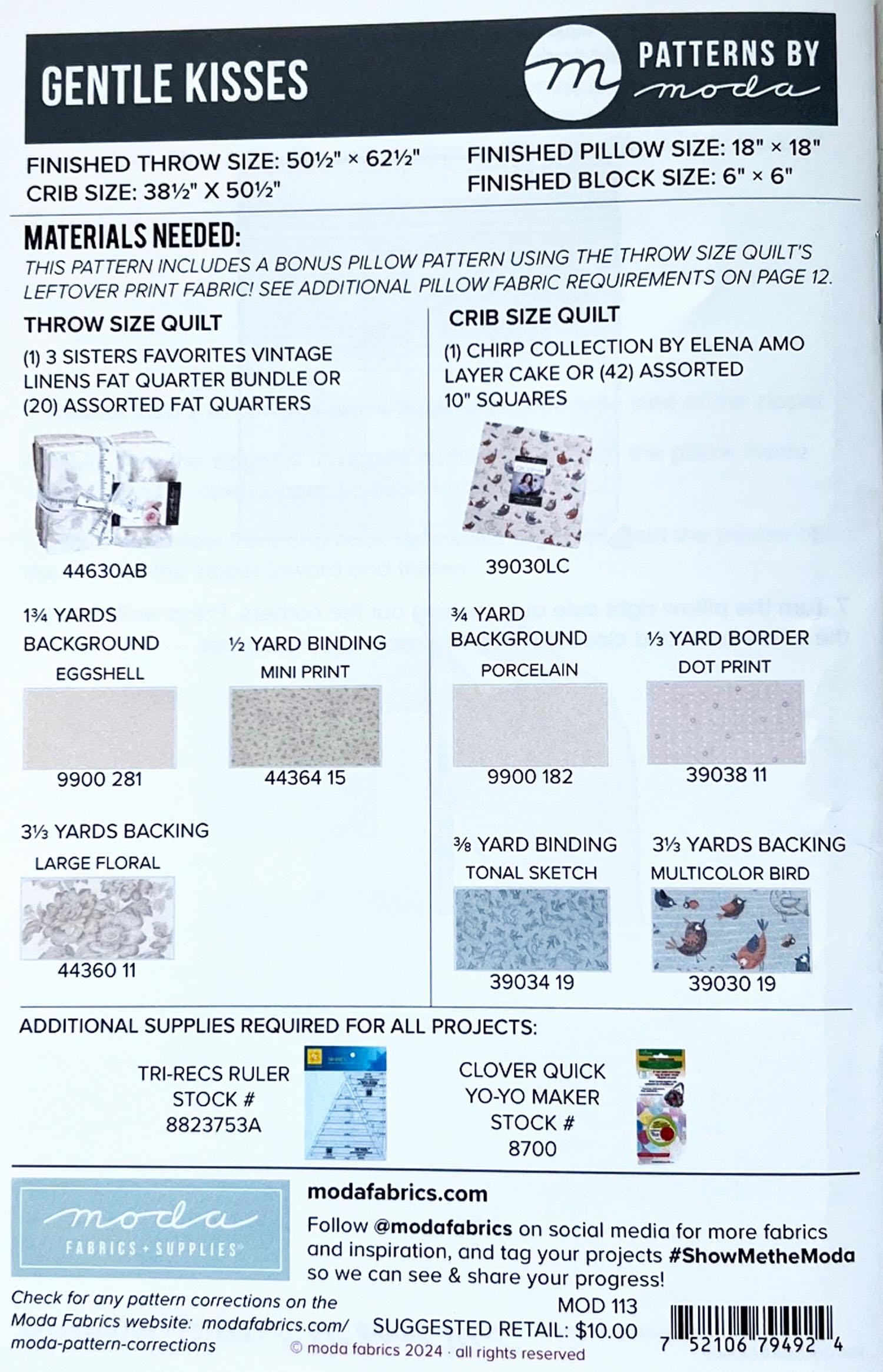 Gentle Kisses Quilt Pattern, Moda MOD113, Fat Quarter FQ or Layer Cake 10" Square Friendly Crib Throw Quilt Pattern