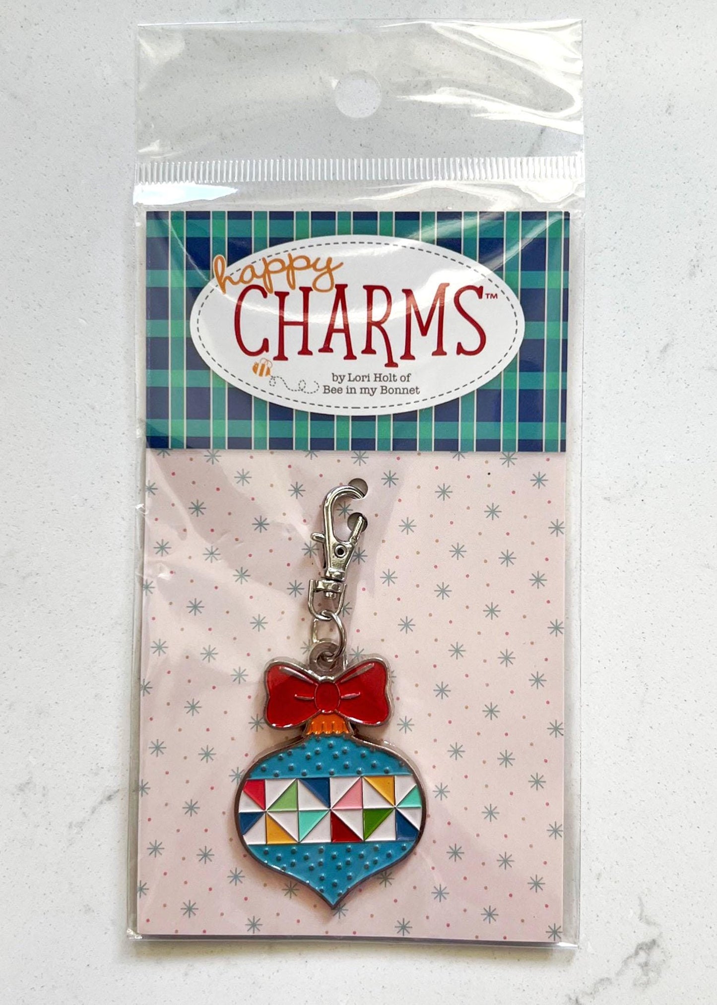 Happy Charms - Christmas Ornament Zipper Pull Keychain Charm, Riley Blake ST-36031, Sewing Quilting Notions, Xmas Ornament Enamel Charm Pull