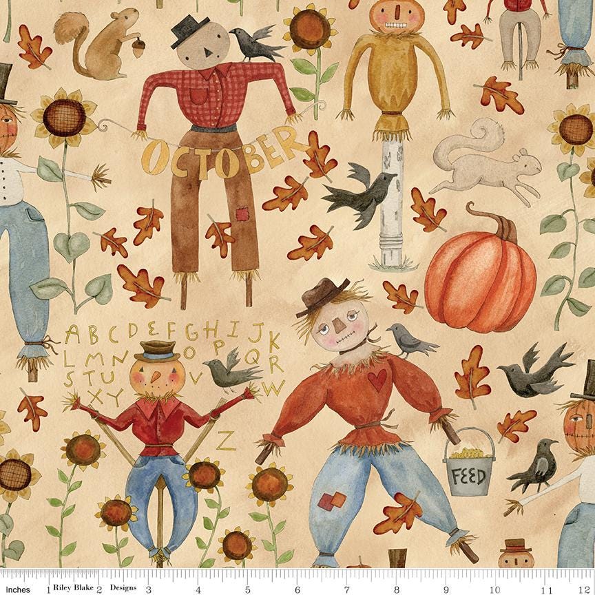 Bittersweet Farm Rolie Polie, Riley Blake RP-14850-40, 2.5" Precut Autumn Fall Harvest Whimsical Scarecrows Fabric Strip Roll, Teresa Kogut