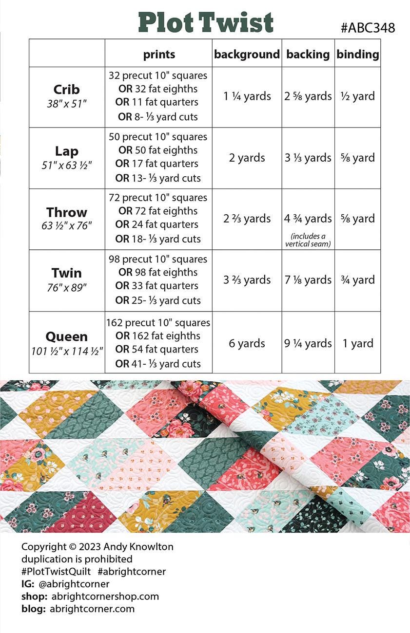Plot Twist Quilt Pattern, A Bright Corner ABC348, Precut Friendly Baby Lap Throw Twin Queen Bed Quilt Pattern, Andy Knowlton