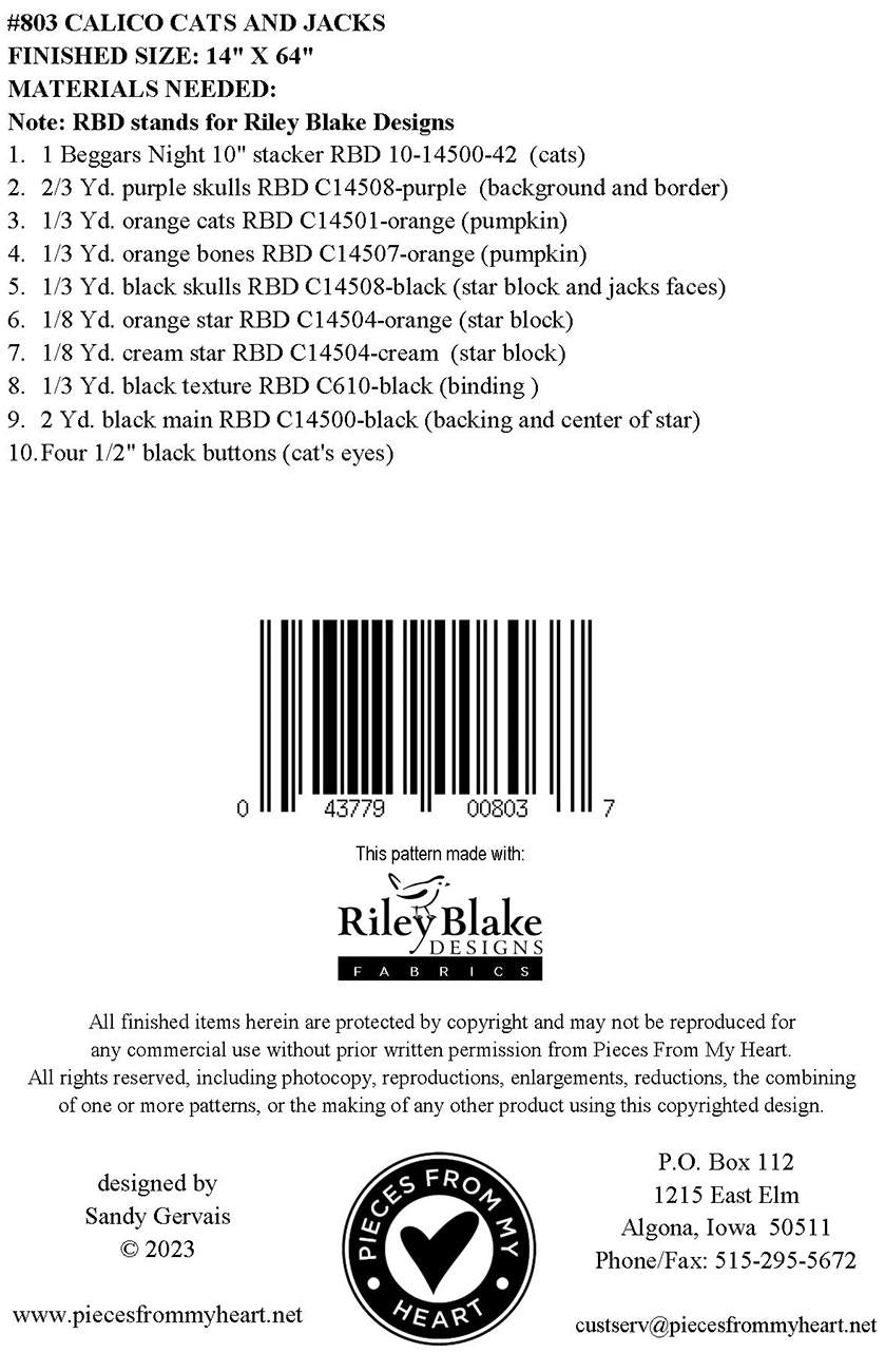 Calico Cats and Jacks Runner Quilt Pattern, Pieces From My Heart PM803, Layer Cake Friendly Halloween Table Runner Quilt Pattern, Gervais