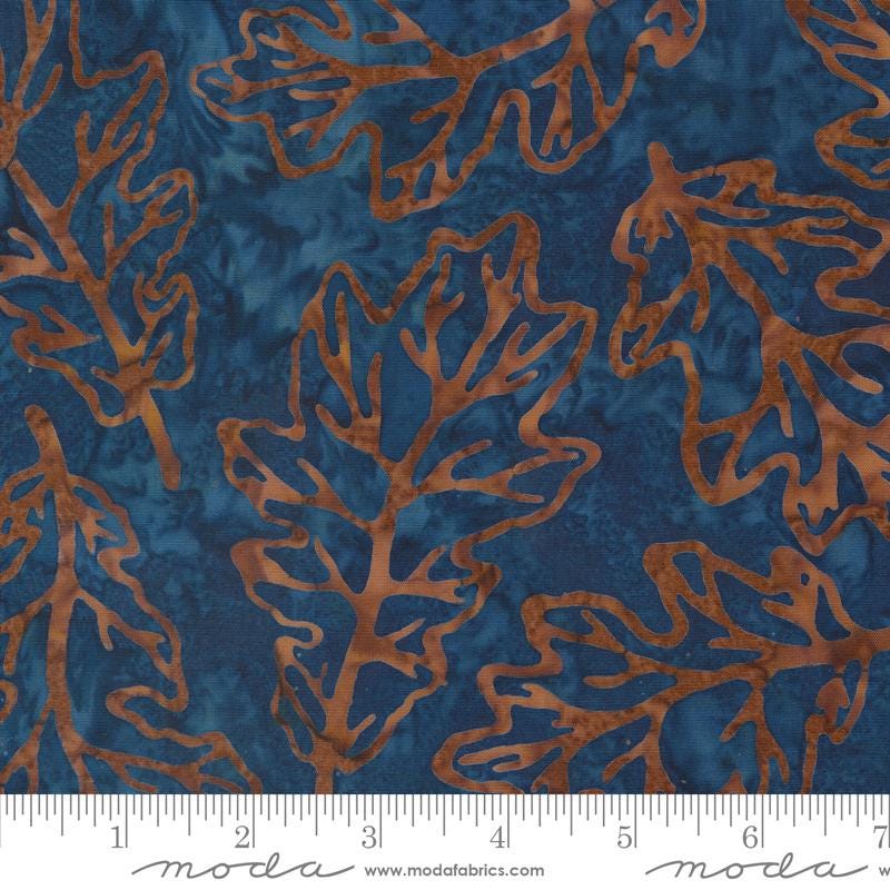 REMNANT 1 Yard 18" of Blue Ridge Batiks - Brown Leaves on Navy Blue Batik Fabric, Moda 4367 18 Dusk, Autumn Fall Batiks