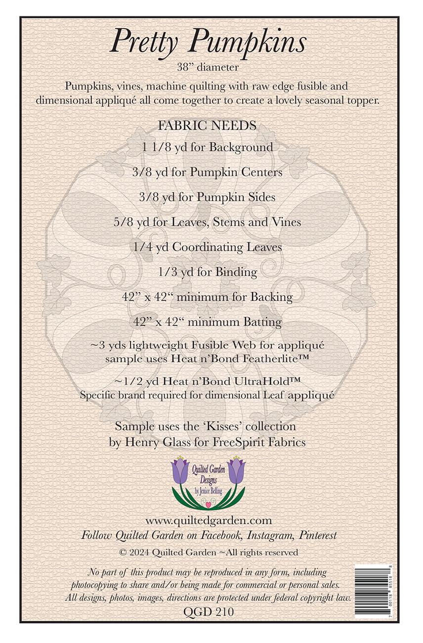 Pretty Pumpkins Quilt Pattern, Quilted Garden Designs QGD210, Autumn Fall Pumpkin Round Table Topper, Applique Quilt Pattern