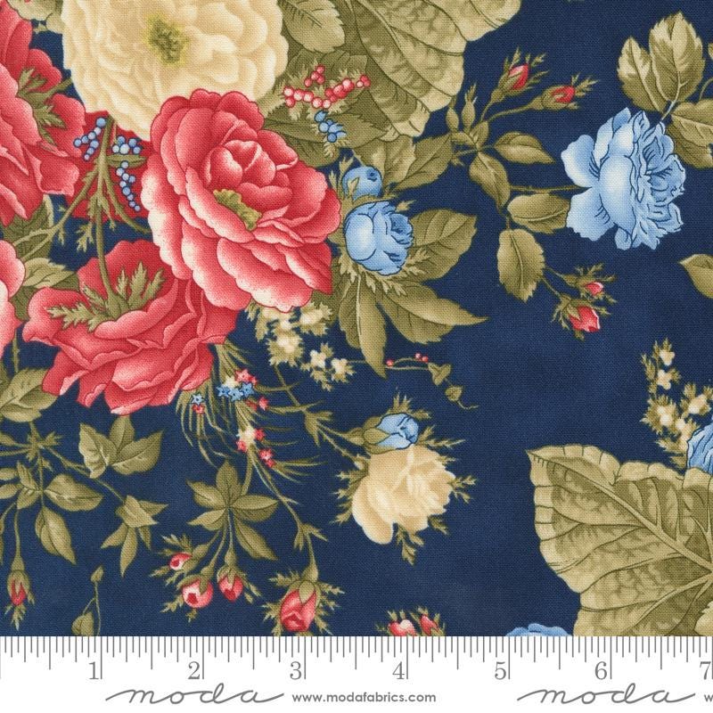 Grand Haven - Navy Blue and Red Floral Fabric, Moda 14980 19, Patriotic Americana Floral Fabric Yardage, Minick & Simpson, By the Yard
