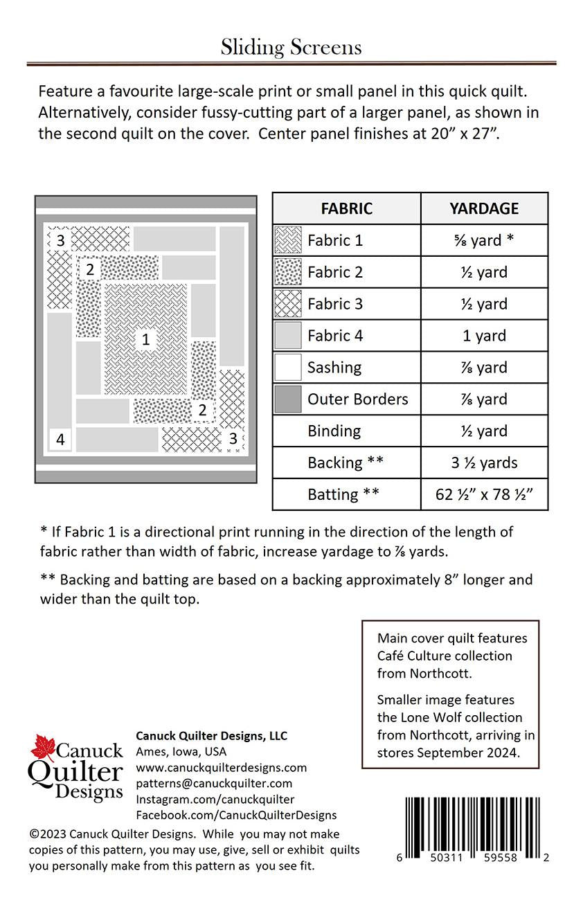 Sliding Screens Quilt Pattern, Canuck Quilter Designs CQ5582, Yardage Friendly Panel Frame Lap Throw Quilt Pattern