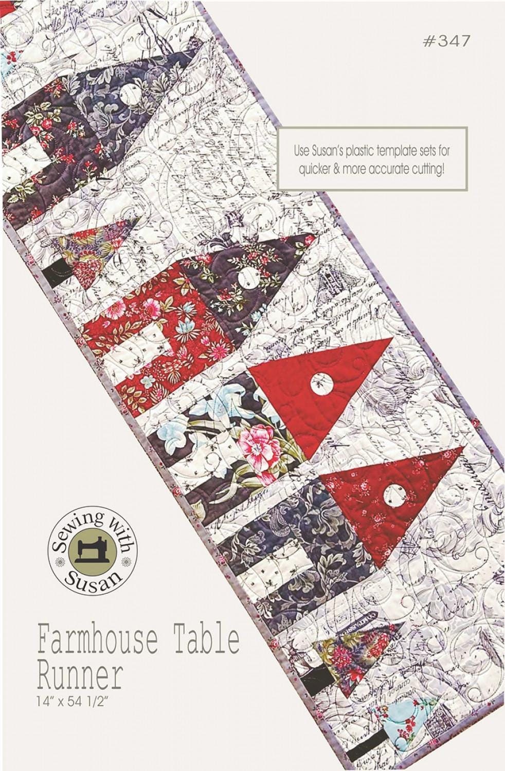 Farmhouse Table Runner Quilt Pattern, Suzn Quilts SUZ347, House Tree Table Runner Pattern, Tiny Little Mini Tree Template Pattern