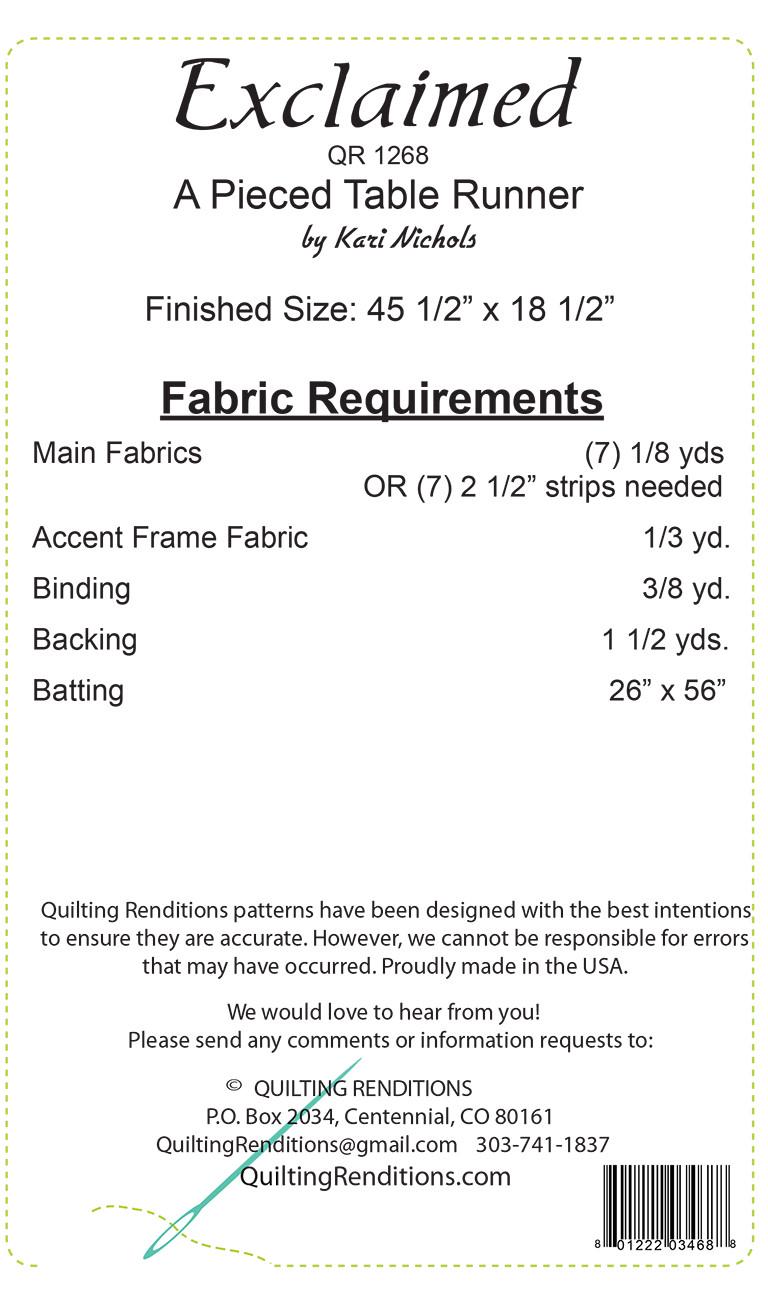 Exclaimed Table Runner Quilt Pattern, Quilting Renditions QR1268, 2.5" Strip Scrap Eighth Yard Friendly Table Quilt Pattern