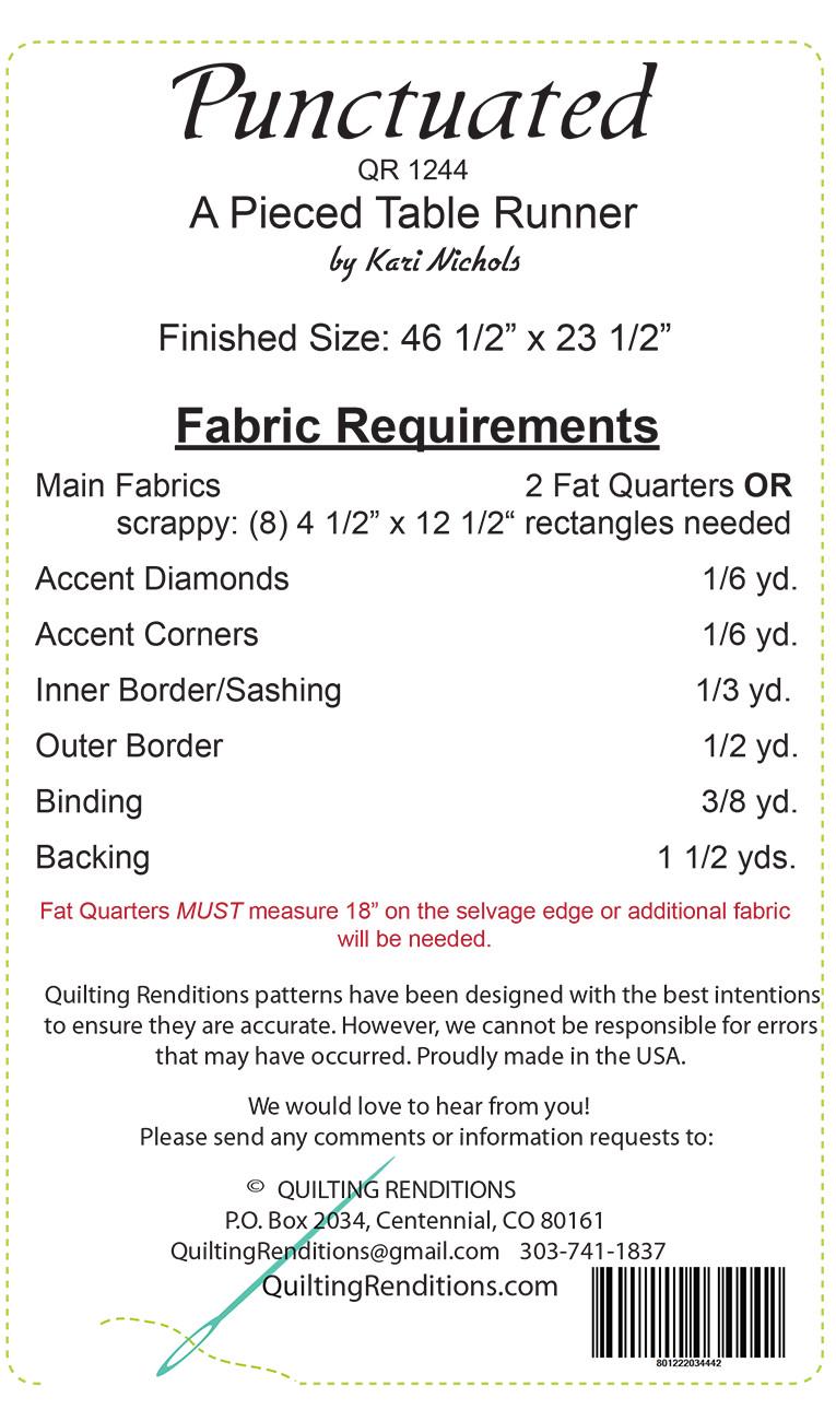 Punctuated Table Runner Quilt Pattern, Quilting Renditions QR1244, Fat Quarter FQ Scrap Friendly Table Bed Runner Quilt Pattern