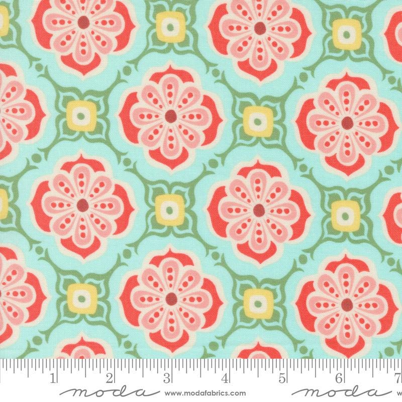 Tango - Alhambra Blue Coral Yellow Damask Tiles Medallion Fabric, Moda 27333 22 Sky, Blue Coral Quilt Fabric, Kate Spain, By the Yard