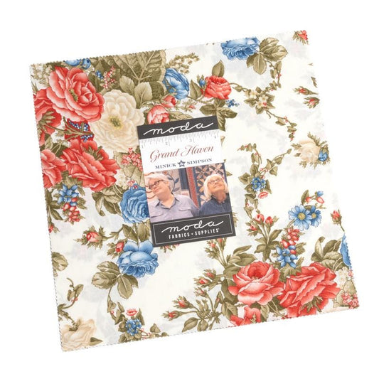 Grand Haven Layer Cake, Moda 14980LC, 10" Precut Floral Red Pink Blue Patriotic Fabric Squares, Minick and Simpson