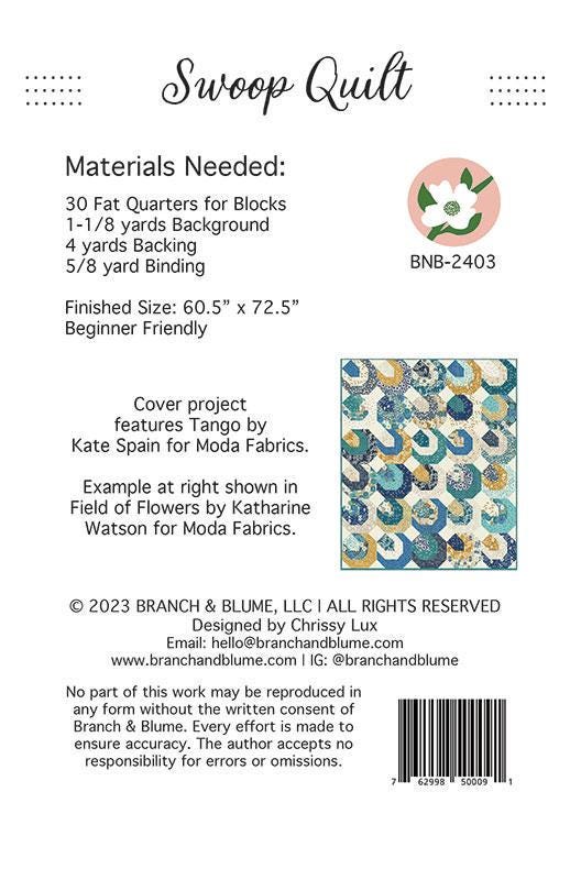 Swoop Quilt Pattern, Branch and Blume BNB2403, 30 Fat Quarter FQ Friendly Beginner Throw Quilt Pattern, Chrissy Lux