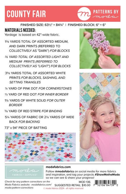 County Fair Quilt Pattern, Moda MOD136, Yardage Scrap Jelly Roll Friendly Patchwork Throw Quilt Pattern