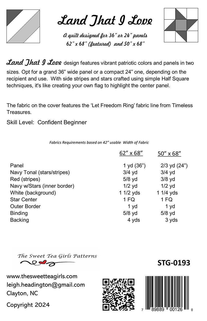 Land That I Love Quilt Pattern, The Sweet Tea Girls STG-0193, Patriotic Panel Frame Lap Throw Quilt Pattern, Stars Stripes Quilt Pattern