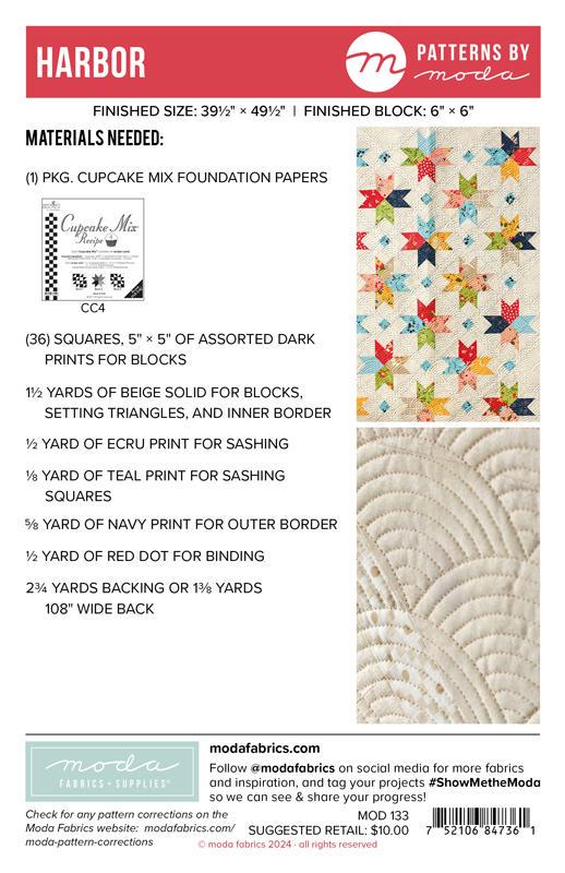 Harbor Quilt Pattern, Moda MOD133, Charm Pack 5" Square Friendly Star Lap Crib Wall Quilt Pattern, Foundation Paper Piecing Pattern, Cupcake