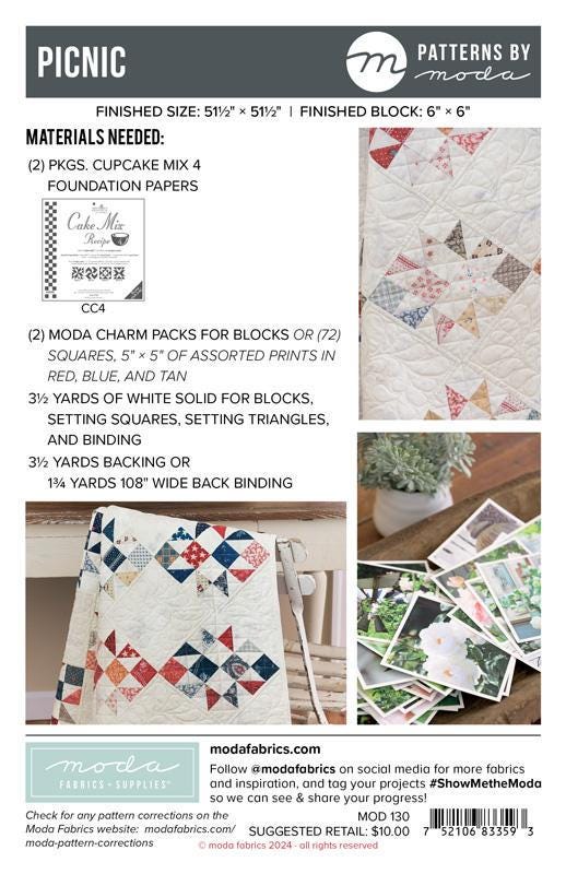 Picnic Quilt Pattern, Moda MOD130, Layer Cake 10" Square Friendly Star Lap Crib Quilt Pattern, Foundation Paper Piecing Pattern