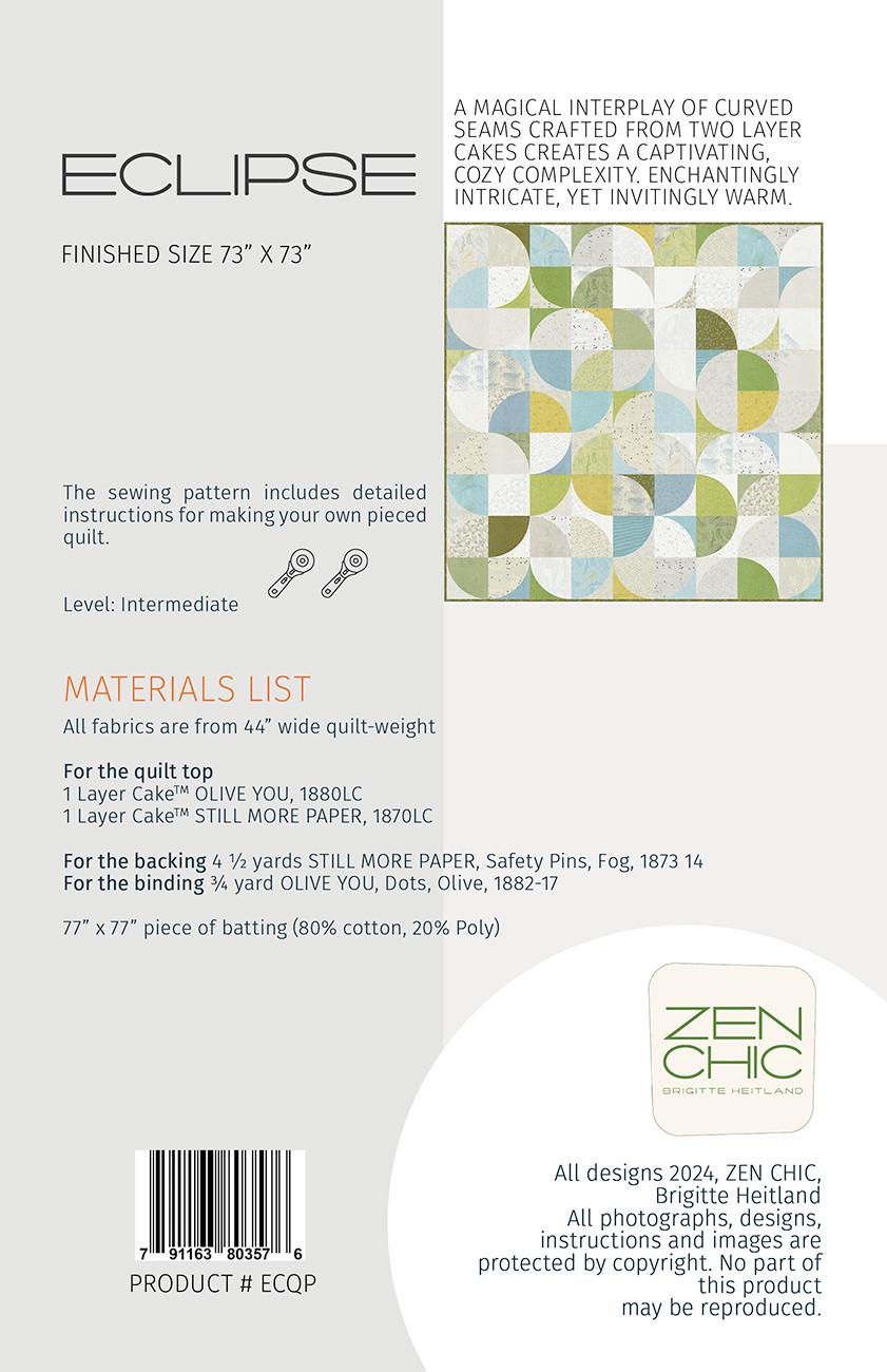 Eclipse Quilt Pattern, Zen Chic ZC ECQP, Layer Cake 10 Square Friendly Modern Contemporary Curves Throw Bed Quilt Pattern, Brigitte Heitland