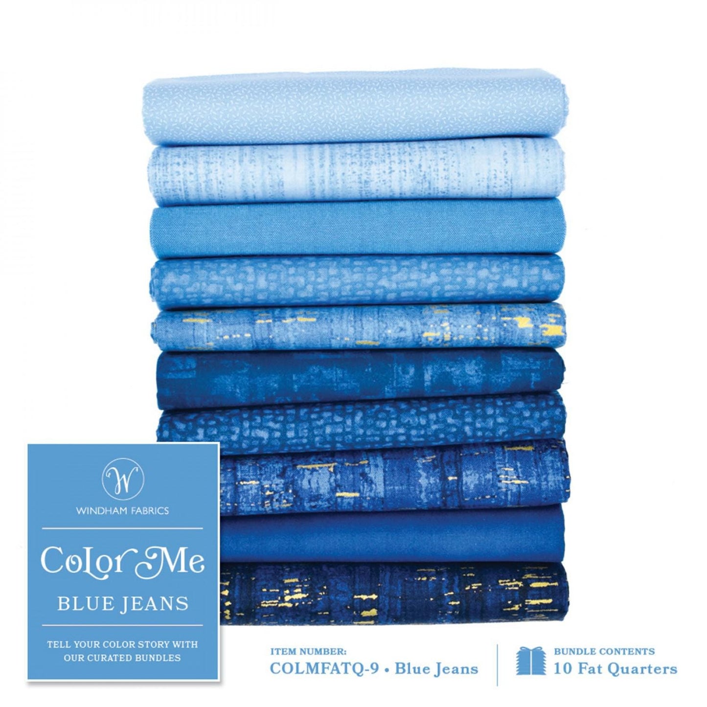 Color Me Blue Jeans 10 Fat Quarter Bundle, Windham Fabrics COLMFATQ-9, Blue Tonal Fat Quarters, Blue Ombre Fat Quarter Bundle