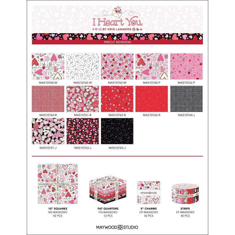 I Heart You 5" Charm Pack, Maywood Studio CP-MASXOXO, 5" Precut Valentine's Day Charm Pack Fabric Squares, Chris Lammers