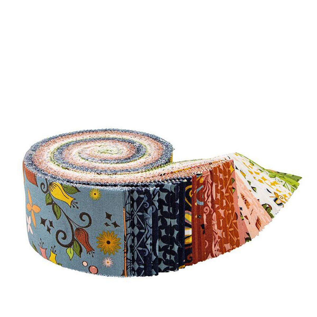 Curated Blooms Rolie Polie, Riley Blake RP-15340-40, 2.5" Precut Green Blue Red Floral Fabric Strips, Judi Madsen