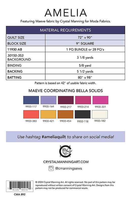 Amelia Quilt Pattern, Crystal Manning CMA892, Fat Quarter FQ Friendly Modern Star Throw Quilt Pattern