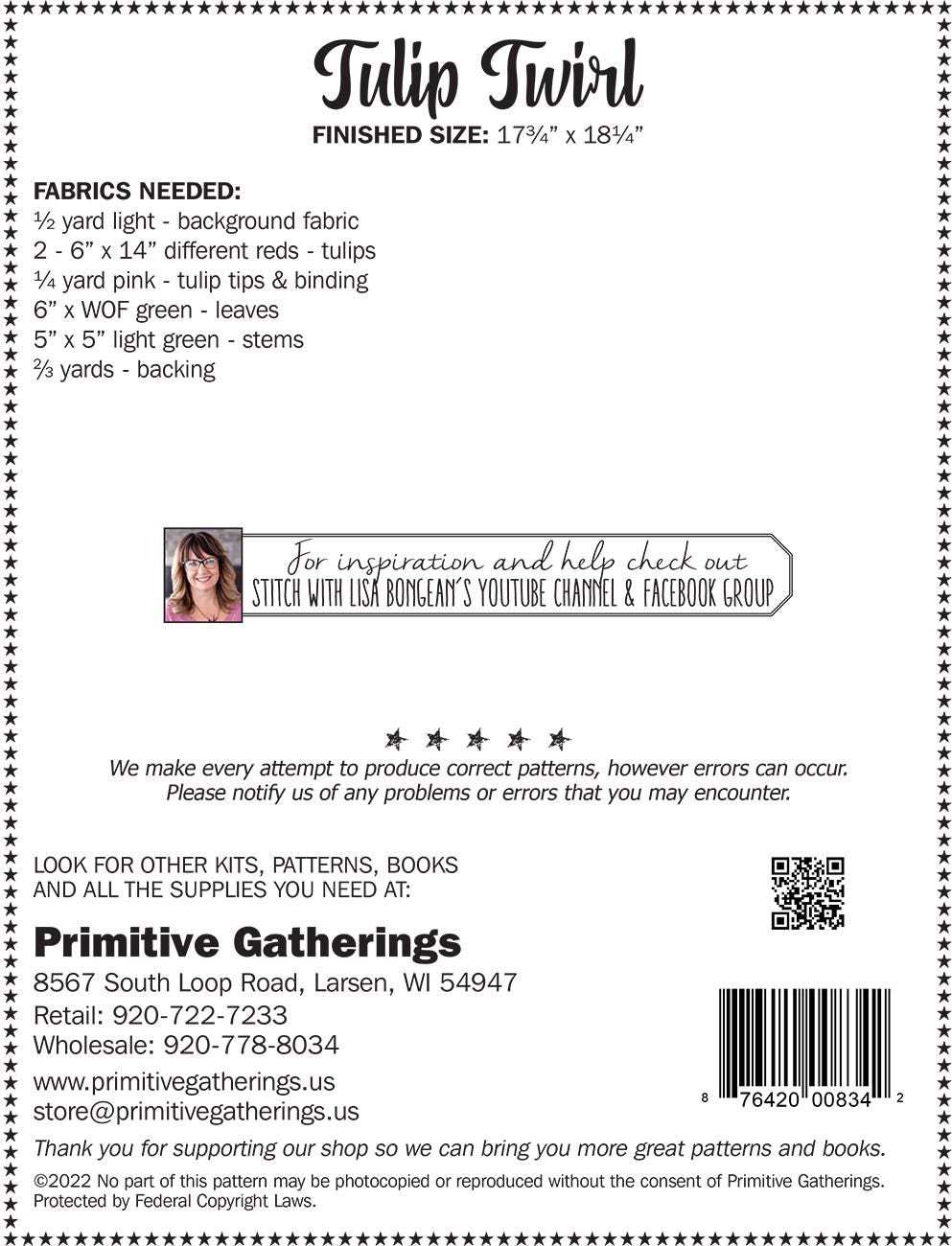 Tulip Twirl Quilt Pattern, Primitive Gatherings PRI834, Spinning Tulips Octagon Table Topper Quilt Pattern, Lisa Bongean