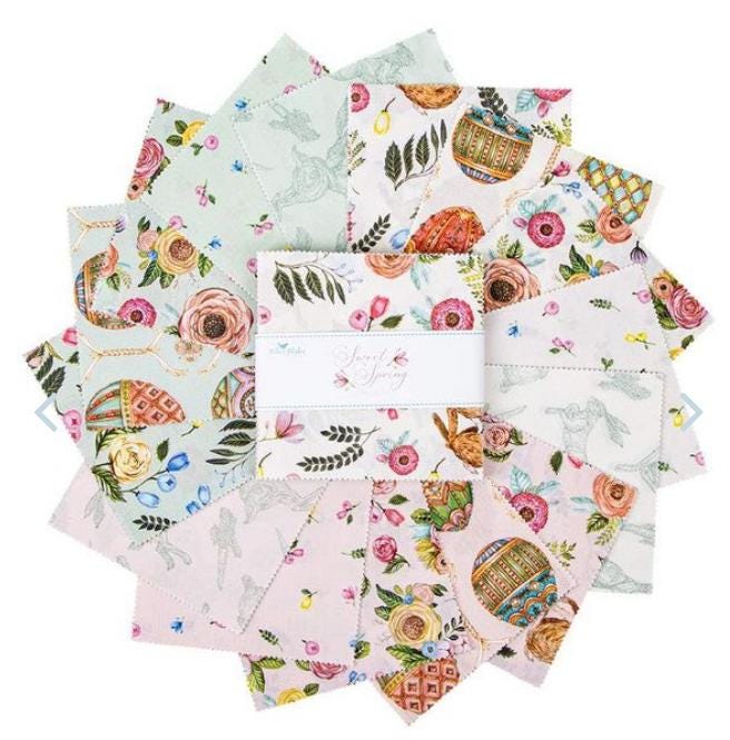 Sweet Spring 5" Stacker, Riley Blake 5-15800-42, 5" Precut Easter Bunny Eggs Floral Fabric Squares, Hester and Cook