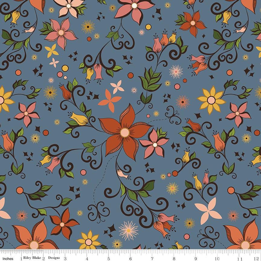 Curated Blooms Rolie Polie, Riley Blake RP-15340-40, 2.5" Precut Green Blue Red Floral Fabric Strips, Judi Madsen
