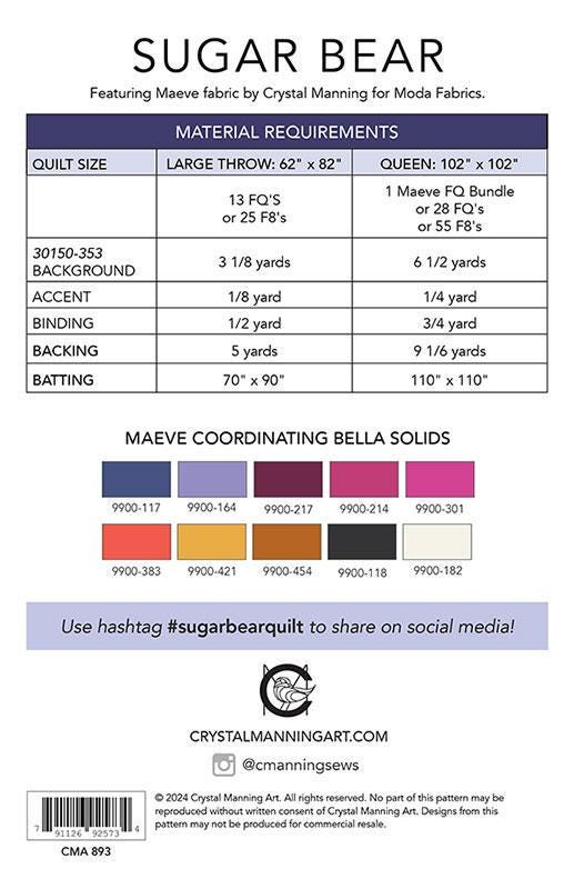 Sugar Bear Quilt Pattern, Crystal Manning CMA893, Fat Quarter Eighths F8 FQ Yardage Friendly Bear Paw Throw Queen Quilt Pattern