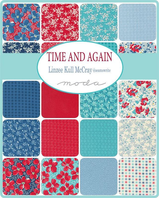 Time and Again Charm Pack, Moda 23360PP, 5" Precut Red Turquoise Blue Floral Fabric Squares, Linzee Kull McCray
