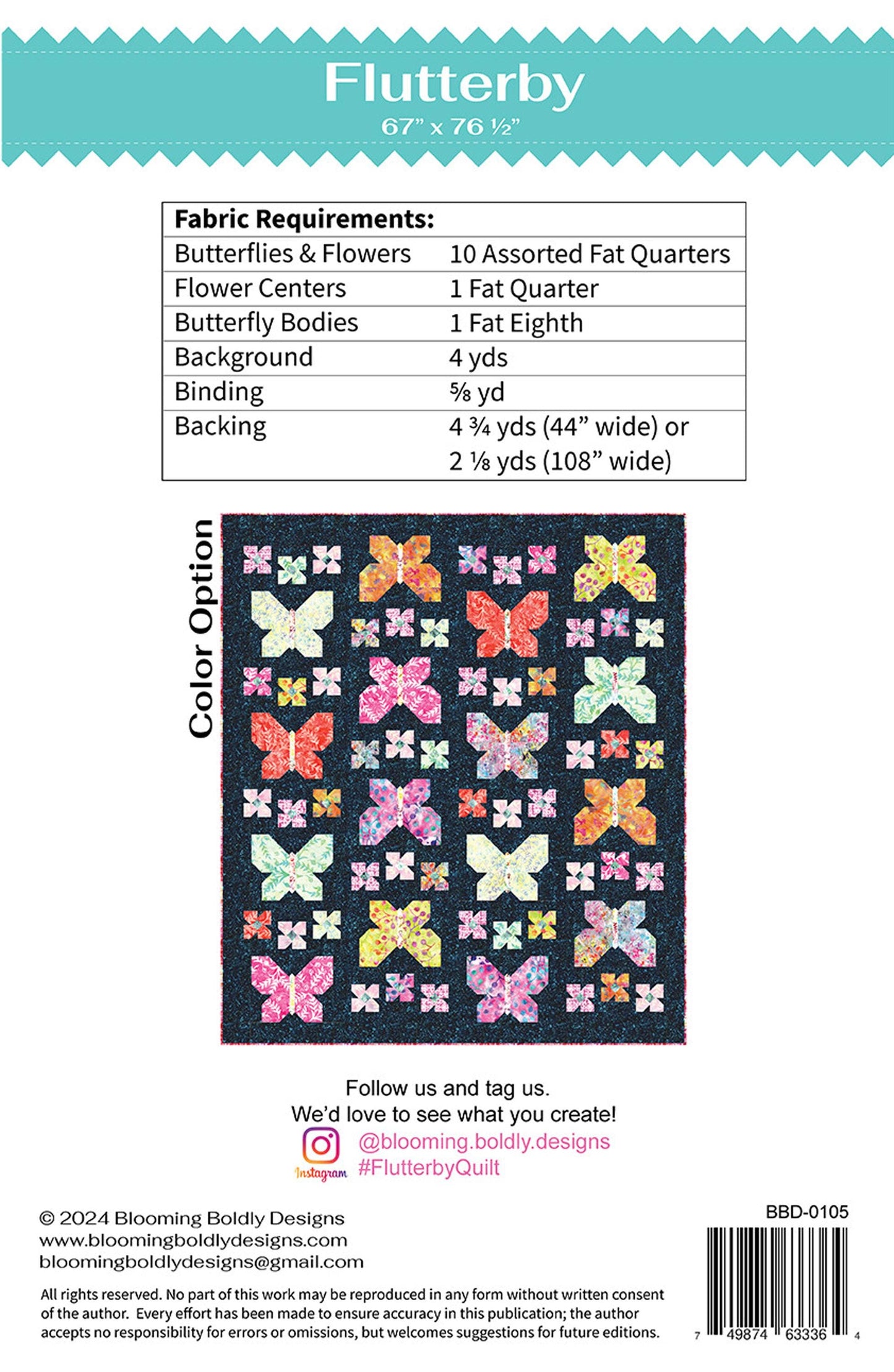 Flutterby Quilt Pattern, Blooming Boldly BBD0105, Fat Quarter FQ Friendly Butterflies Flowers Throw Quilt Pattern, Leslie Ryan